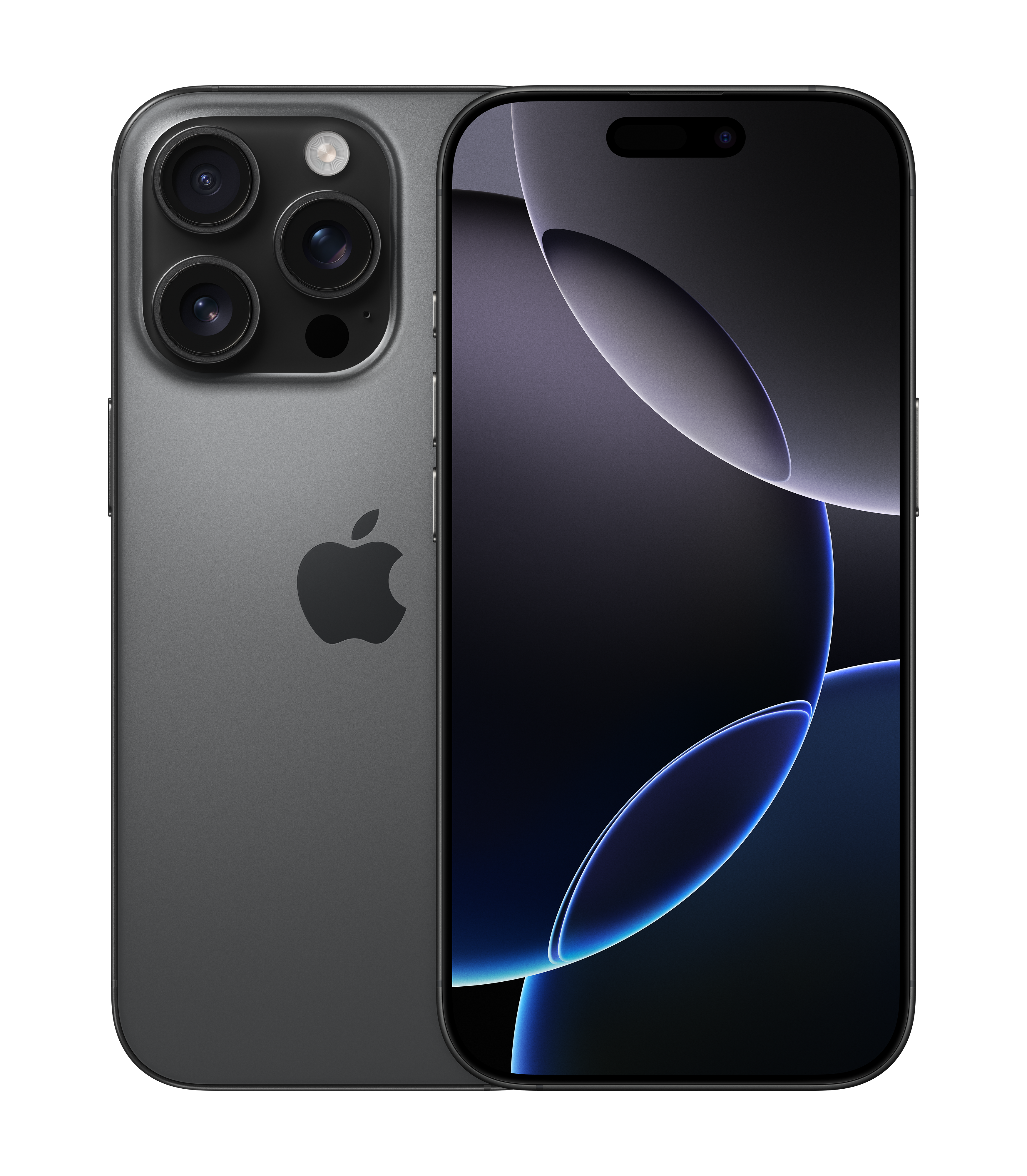 Billedet viser en mørkegrå iPhone 14 Pro Max, vist både foran og bagpå, fremhæver kamerasystemet og det subtilt oplyste abstrakte skærmdesign