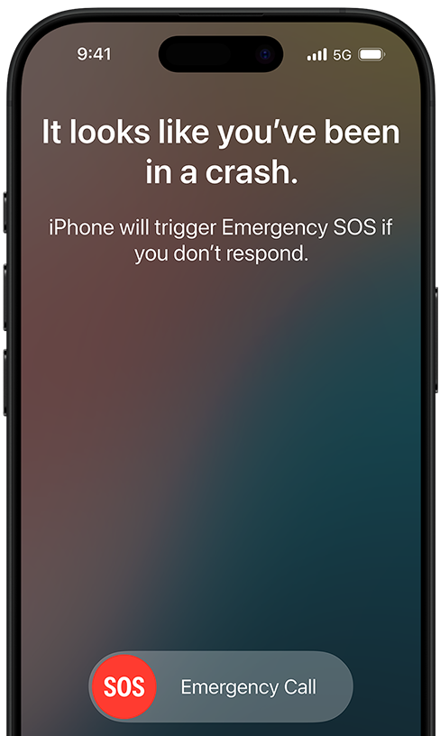 Billedet viser iPhone 16 Pro  i nuancen Black Titanium, vist med teksten "it looks like you've been in a crash. iPhone will trigger Emergency SOS if you don't response" og en "SOS emergency call"